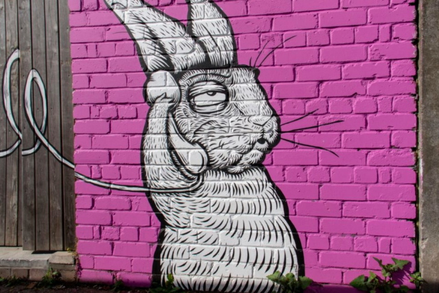 FAQ pages will save you time because you won't be answer phone calls or emails with the same question time and time again. This image is off a rabbit, painted on a pink wall with a phone up to its ear. 